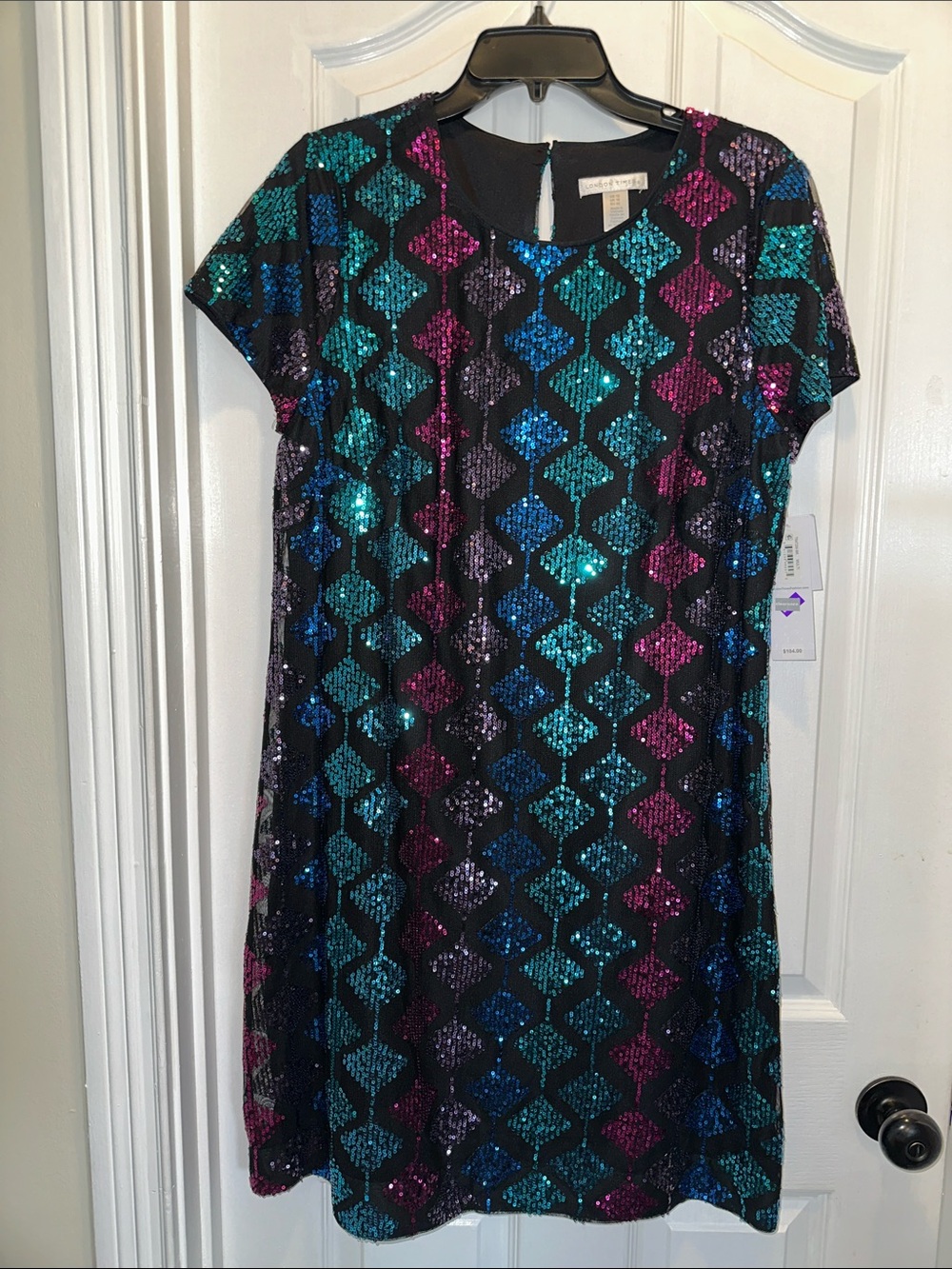 London Times Sequin Shift Dress in Teal, Blue & Fuchsia- Party Dress